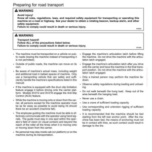 Puede incluir: Una p&aacute;gina de manual titulada "5 - OPERACIONES DE TRANSPORTE" con subt&iacute;tulo "TRANSPORTE POR CARRETERA". Contiene advertencias de seguridad e instrucciones para el transporte de maquinaria, incluyendo riesgos.