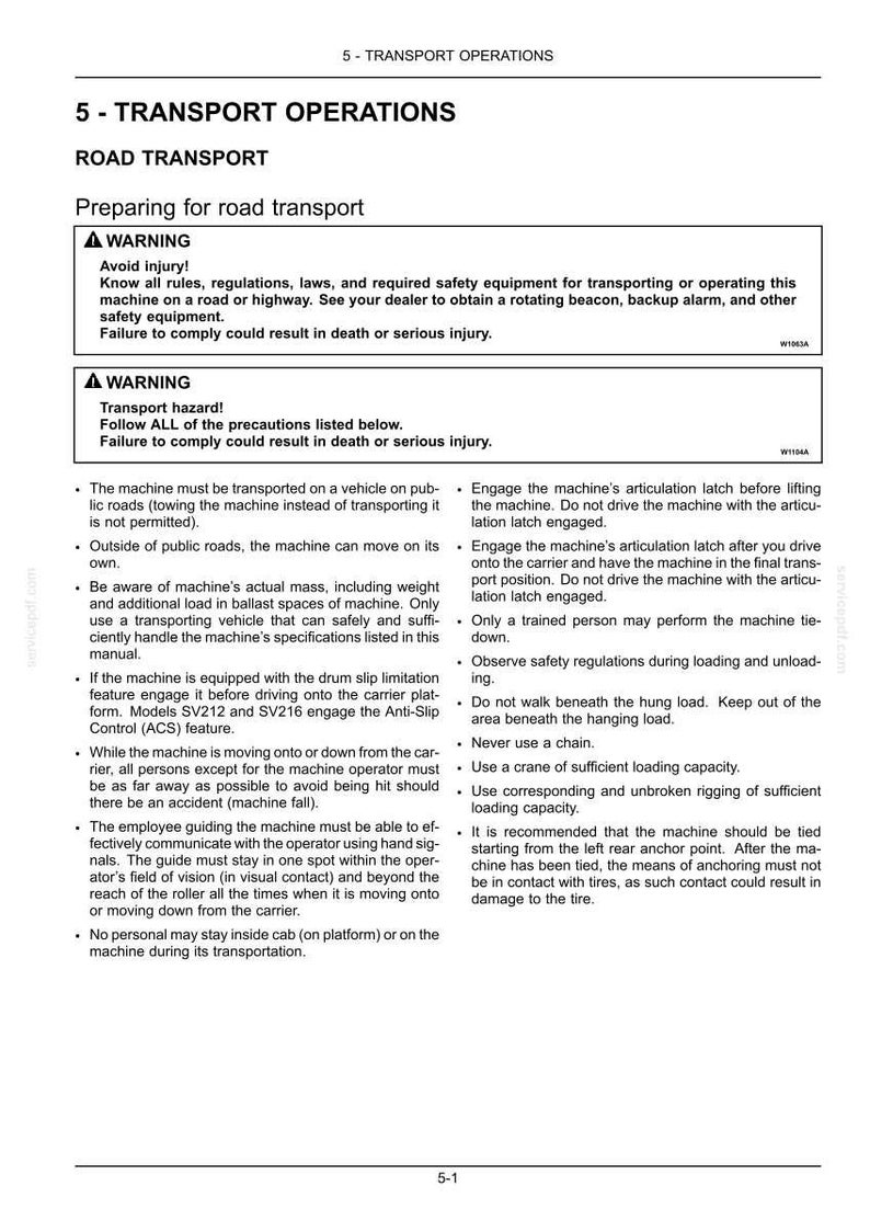 Puede incluir: Una p&aacute;gina de manual titulada "5 - OPERACIONES DE TRANSPORTE" con subt&iacute;tulo "TRANSPORTE POR CARRETERA". Contiene advertencias de seguridad e instrucciones para el transporte de maquinaria, incluyendo riesgos.