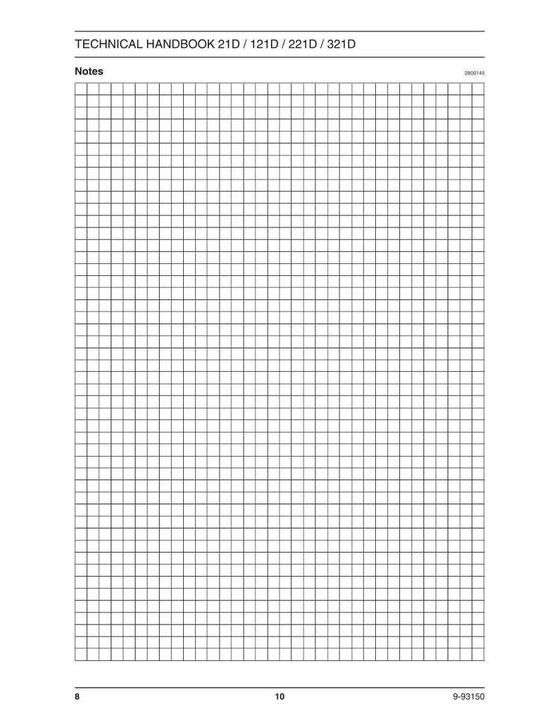 May include: A white page from a technical handbook with a grid pattern. The text "TECHNICAL HANDBOOK 21D / 121D / 221D / 321D" is at the top, with "Notes" below. The page has a black grid for note-taking.