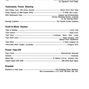 May include: A detailed technical document with specifications for a tractor's differential lock, hydrostatic power steering, Draft-O-Matic system, power take-off, and drawbar. Includes measurements in inches and gallons.