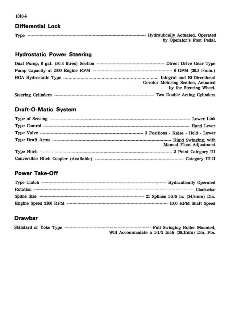 May include: A detailed technical document with specifications for a tractor's differential lock, hydrostatic power steering, Draft-O-Matic system, power take-off, and drawbar. Includes measurements in inches and gallons.