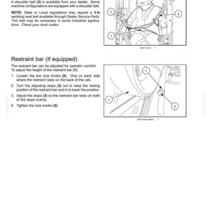May include: A technical manual page titled 3 - CONTROLS AND INSTRUMENTS featuring diagrams for a shoulder belt and a restraint bar. The text provides instructions for operating the seat belt and adjusting the restraint bar height using lock knobs.