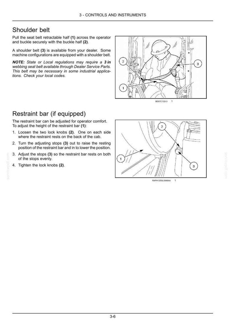 May include: A technical manual page titled 3 - CONTROLS AND INSTRUMENTS featuring diagrams for a shoulder belt and a restraint bar. The text provides instructions for operating the seat belt and adjusting the restraint bar height using lock knobs.