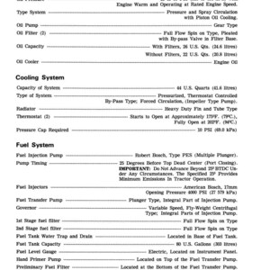 May include: A detailed technical diagram titled "Engine Lubrication System" and "Cooling System" with specifications for oil pressure, capacity, and cooling components. Also includes "Fuel System" details, such as fuel injection pump and tank capacity.