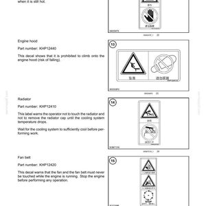 Puede incluir: Hoja de informaci&oacute;n de seguridad con diagramas y advertencias. Incluye ilustraciones sobre la seguridad del escape, el cap&oacute; del motor, el radiador y la correa del ventilador. Presenta texto y s&iacute;mbolos que indican peligros potenciales y precauciones de seguridad.