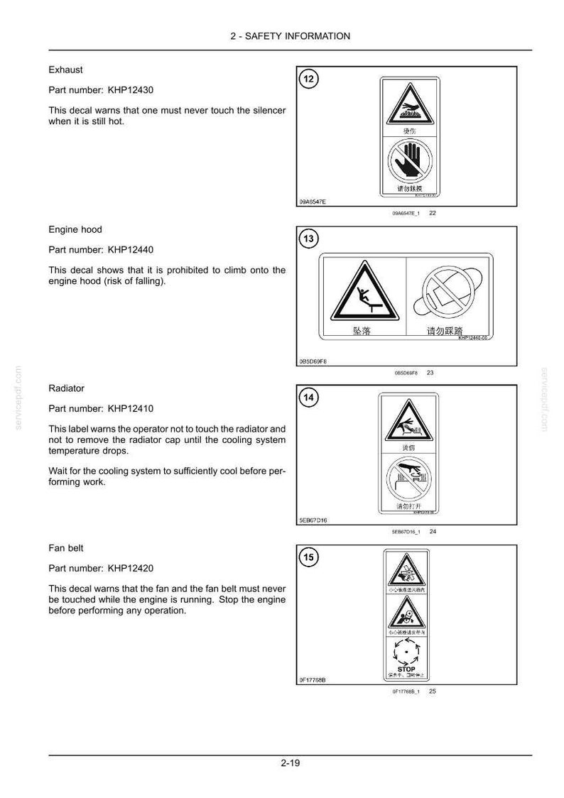 Puede incluir: Hoja de informaci&oacute;n de seguridad con diagramas y advertencias. Incluye ilustraciones sobre la seguridad del escape, el cap&oacute; del motor, el radiador y la correa del ventilador. Presenta texto y s&iacute;mbolos que indican peligros potenciales y precauciones de seguridad.