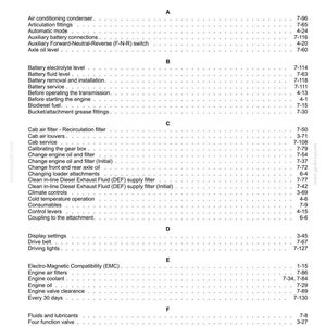 May include: Index page from a manual, listing topics and page numbers. Topics include air conditioning, battery, engine, and fuel system components. The text is black on a white background.