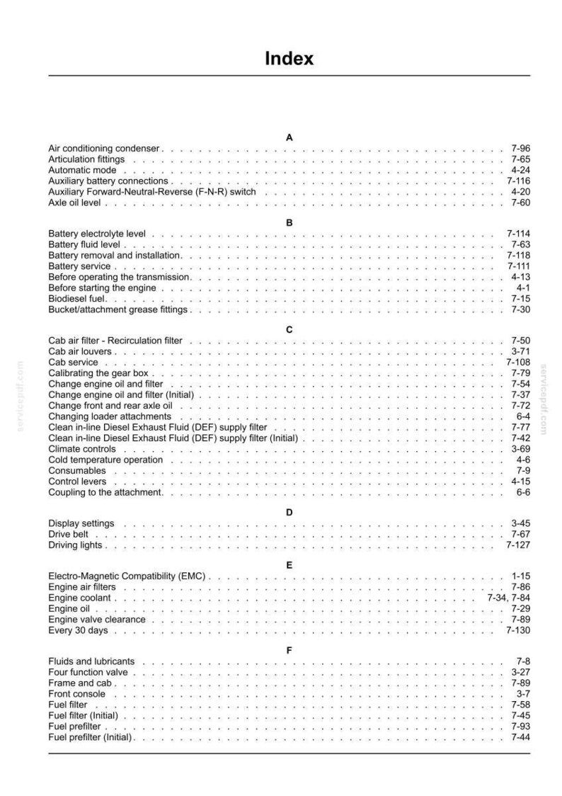 May include: Index page from a manual, listing topics and page numbers. Topics include air conditioning, battery, engine, and fuel system components. The text is black on a white background.