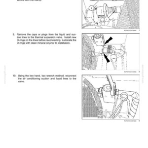 May include: Diagram of air conditioning system components with labels and instructions. Includes close-up views of hoses, valves, and connections. Text at the top reads "Cab climate control - Air conditioning."