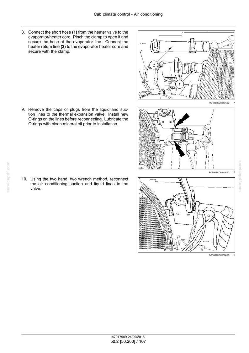 May include: Diagram of air conditioning system components with labels and instructions. Includes close-up views of hoses, valves, and connections. Text at the top reads "Cab climate control - Air conditioning."
