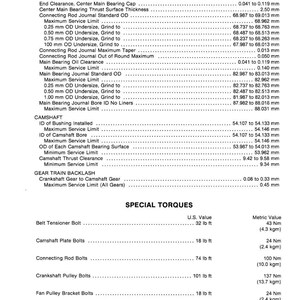 May include: A detailed technical specification sheet for a crankshaft and camshaft, including measurements in millimeters and torque values in lb ft and Nm. The document is printed in the U.S.A.