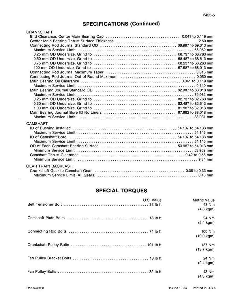 May include: A detailed technical specification sheet for a crankshaft and camshaft, including measurements in millimeters and torque values in lb ft and Nm. The document is printed in the U.S.A.