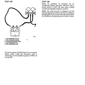 May include: Diagram showing how to add refrigerant to an air conditioning system. It features a gauge manifold connected to a compressor, with labels for low and high-pressure gauges and ports. Text provides instructions.