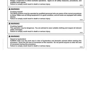 May include: A black and white document page titled 4 - OPERATING INSTRUCTIONS, featuring four distinct warning boxes regarding machine handling, crushing hazards, and bystander safety, with text codes W0257A, W0256A, W0253A, and W0245A at the bottom right.