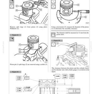 Puede incluir: Diagrama t&eacute;cnico de febrero de 2003 que detalla las especificaciones del pist&oacute;n. Las ilustraciones muestran el desmontaje y los procedimientos de medici&oacute;n del pist&oacute;n. Incluye medidas en mm, con diagramas de componentes y holguras del pist&oacute;n.