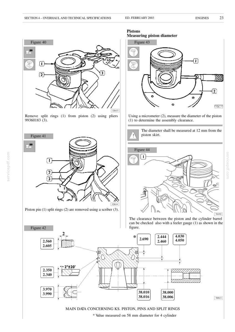 Puede incluir: Diagrama t&eacute;cnico de febrero de 2003 que detalla las especificaciones del pist&oacute;n. Las ilustraciones muestran el desmontaje y los procedimientos de medici&oacute;n del pist&oacute;n. Incluye medidas en mm, con diagramas de componentes y holguras del pist&oacute;n.
