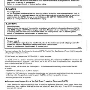 以下が含まれることがあります： 転倒時保護構造（ROPS）に関する「2-SAFETY INFORMATION」と題された技術文書ページ。挟み込みや転倒の危険性に関する警告ボックス、メンテナンス手順、および42 N&middot;mと170 N&middot;mのトルク仕様が記載されています。