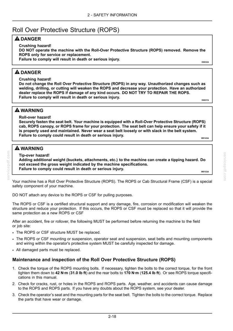 以下が含まれることがあります： 転倒時保護構造（ROPS）に関する「2-SAFETY INFORMATION」と題された技術文書ページ。挟み込みや転倒の危険性に関する警告ボックス、メンテナンス手順、および42 N&middot;mと170 N&middot;mのトルク仕様が記載されています。
