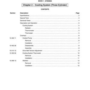 May include: A page from a manual titled "SECTION 10 - ENGINE" with the subtitle "Chapter 2 - Cooling System (Three-Cylinder)". The table of contents lists sections like "Coolant Pump" and "Radiator".