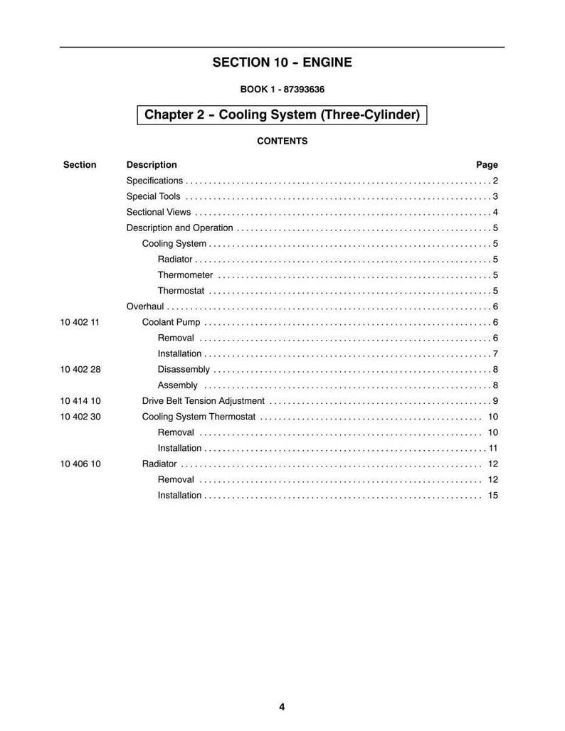 May include: A page from a manual titled "SECTION 10 - ENGINE" with the subtitle "Chapter 2 - Cooling System (Three-Cylinder)". The table of contents lists sections like "Coolant Pump" and "Radiator".