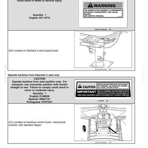Puede incluir: Una p&aacute;gina de manual con informaci&oacute;n de seguridad. Incluye advertencias sobre muelles comprimidos y el funcionamiento de una retroexcavadora. La imagen presenta diagramas y texto en ingl&eacute;s, espa&ntilde;ol y portugu&eacute;s, con etiquetas de precauci&oacute;n.