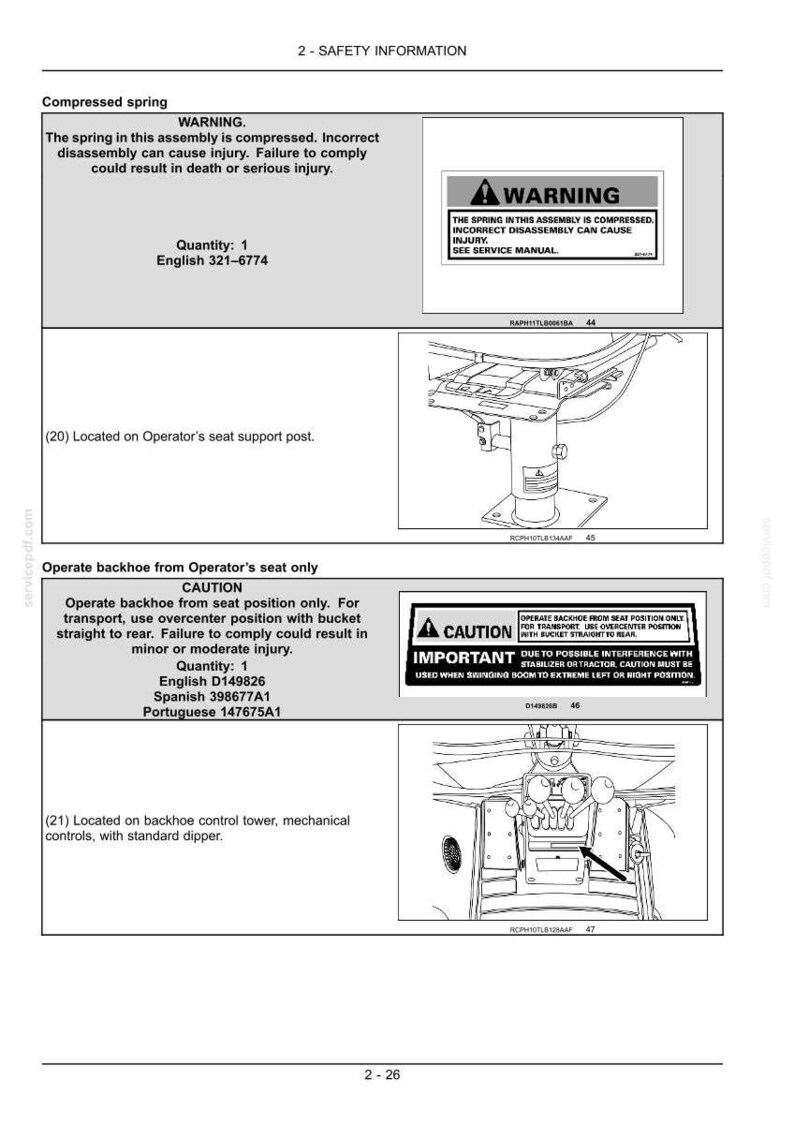 Puede incluir: Una p&aacute;gina de manual con informaci&oacute;n de seguridad. Incluye advertencias sobre muelles comprimidos y el funcionamiento de una retroexcavadora. La imagen presenta diagramas y texto en ingl&eacute;s, espa&ntilde;ol y portugu&eacute;s, con etiquetas de precauci&oacute;n.