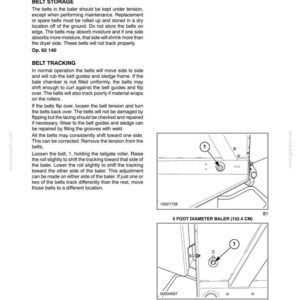 May include: Diagram from a manual showing baler components. Includes text about belt storage and tracking, with illustrations of baler parts and measurements in centimeters. The diagram includes a 5-foot and 6-foot diameter baler.