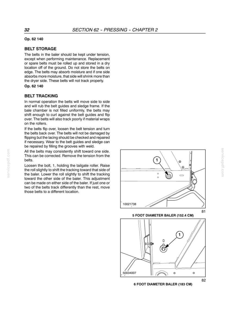 May include: Diagram from a manual showing baler components. Includes text about belt storage and tracking, with illustrations of baler parts and measurements in centimeters. The diagram includes a 5-foot and 6-foot diameter baler.