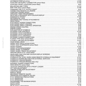 May include: A black and white table of contents page from a technical manual, featuring a list of agricultural machinery operations and their corresponding page numbers, such as Anti Jack Knife, Auto P.T.O. Operation, and Hydraulic Trailer Brakes.