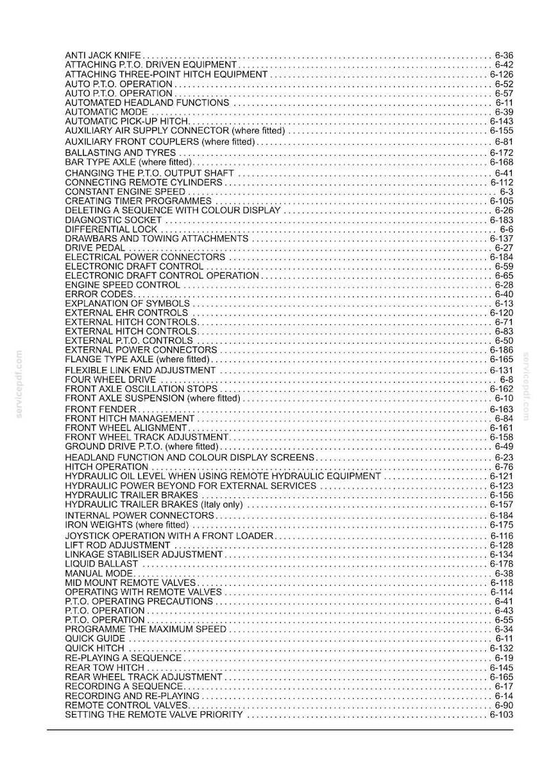May include: A black and white table of contents page from a technical manual, featuring a list of agricultural machinery operations and their corresponding page numbers, such as Anti Jack Knife, Auto P.T.O. Operation, and Hydraulic Trailer Brakes.