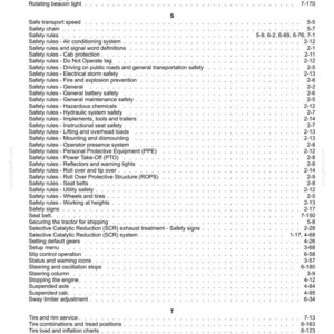 May include: A black and white index page from a technical manual, featuring alphabetical entries starting with S and T. The text lists various safety rules, equipment components, and operational procedures, each followed by corresponding page numbers.