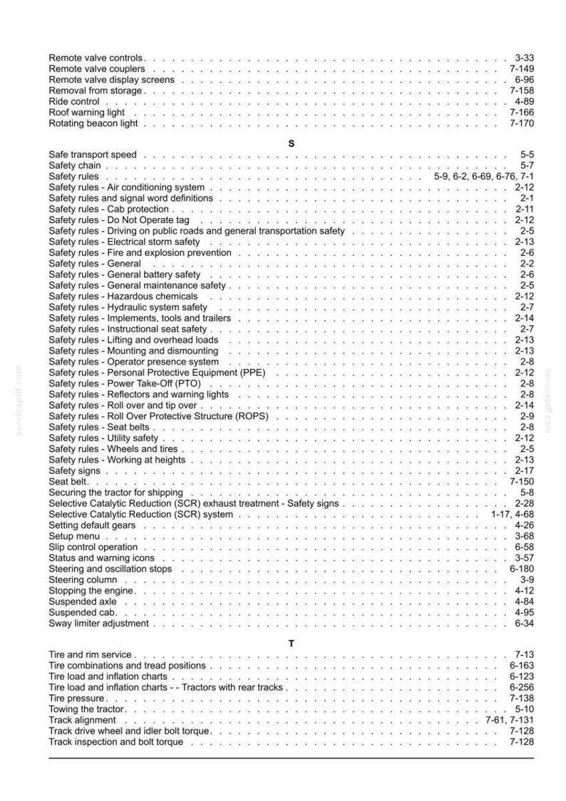 May include: A black and white index page from a technical manual, featuring alphabetical entries starting with S and T. The text lists various safety rules, equipment components, and operational procedures, each followed by corresponding page numbers.