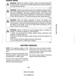 May include: A page from a manual detailing electrical system safety, including warnings about battery acid and explosions. The text provides instructions for safe battery service, including disconnecting cables and avoiding sparks.
