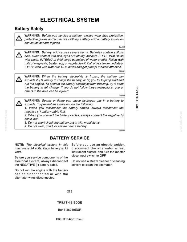 May include: A page from a manual detailing electrical system safety, including warnings about battery acid and explosions. The text provides instructions for safe battery service, including disconnecting cables and avoiding sparks.