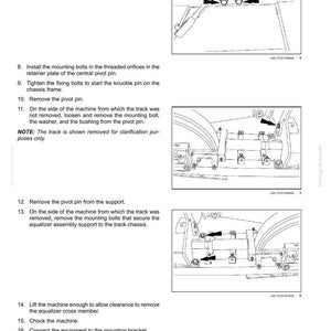 May include: Diagrams illustrating steps for track and track suspension maintenance, including removing bolts, washers, and bushings. Text instructions accompany the images, detailing the process for servicing the track frame and driving wheels.