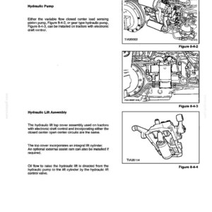 Op de afbeelding: Een pagina uit een technisch handboek met hydraulische systeemcomponenten. Het bevat diagrammen van hydraulische pompen en hefinrichtingen, met tekstbeschrijvingen en figuurverwijzingen zoals figuur 8-4-2, 8-4-3 en 8-4-4.