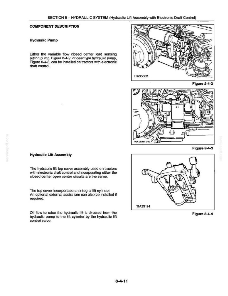 Op de afbeelding: Een pagina uit een technisch handboek met hydraulische systeemcomponenten. Het bevat diagrammen van hydraulische pompen en hefinrichtingen, met tekstbeschrijvingen en figuurverwijzingen zoals figuur 8-4-2, 8-4-3 en 8-4-4.