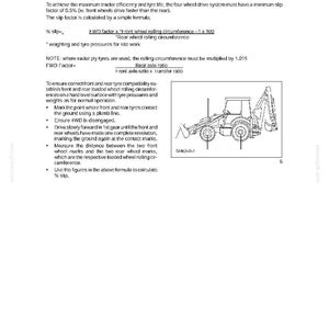 Może przedstawiać: Strona z instrukcji technicznej z diagramem koparko-ładowarki. Tekst wyjaśnia, jak obliczyć wsp&oacute;łczynnik poślizgu w układzie napędu na cztery koła, z formułami i instrukcjami pomiaru.