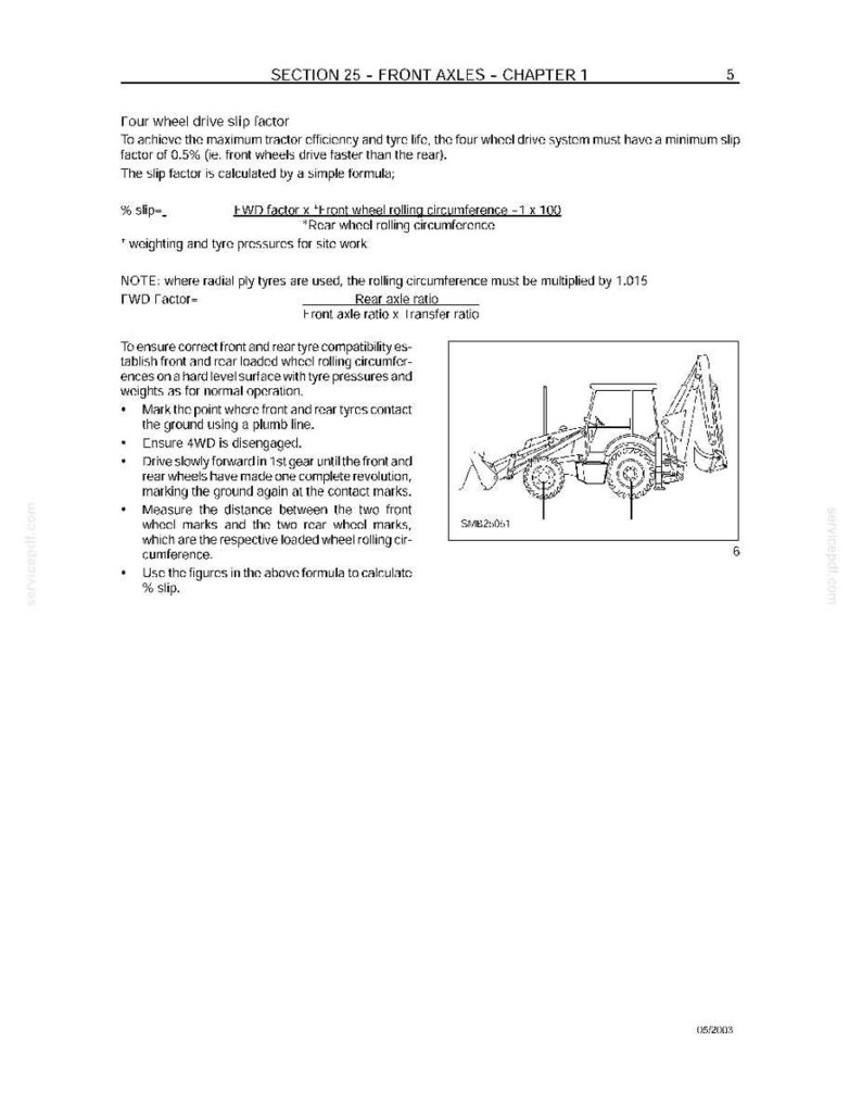 Może przedstawiać: Strona z instrukcji technicznej z diagramem koparko-ładowarki. Tekst wyjaśnia, jak obliczyć wsp&oacute;łczynnik poślizgu w układzie napędu na cztery koła, z formułami i instrukcjami pomiaru.