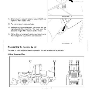 May include: A technical manual page titled 5 - TRANSPORT OPERATIONS featuring line drawings of a loader. It includes instructions for securing chains to tie down holes, covering the exhaust, and diagrams showing lifting points on the machine.