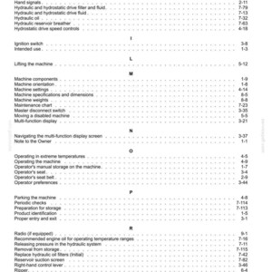 May include: A black and white printed index page from a technical manual, featuring alphabetical headings from H to R. The text lists various machine operation and maintenance topics, such as hydraulic systems, machine components, and safety procedures.