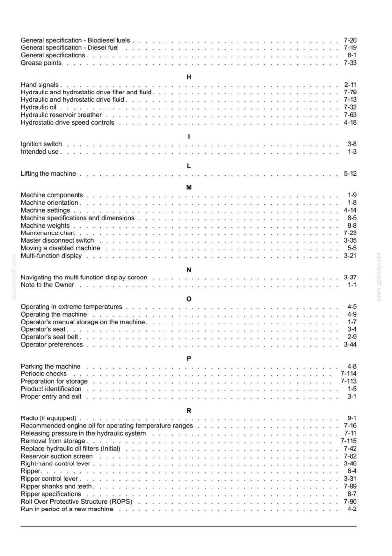 May include: A black and white printed index page from a technical manual, featuring alphabetical headings from H to R. The text lists various machine operation and maintenance topics, such as hydraulic systems, machine components, and safety procedures.