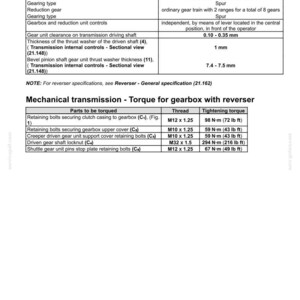 May include: A technical diagram detailing mechanical transmission specifications for a gearbox with a reverser. The document includes specifications for gearing type, gearbox controls, and torque values for various components, with measurements in cm and Nm.