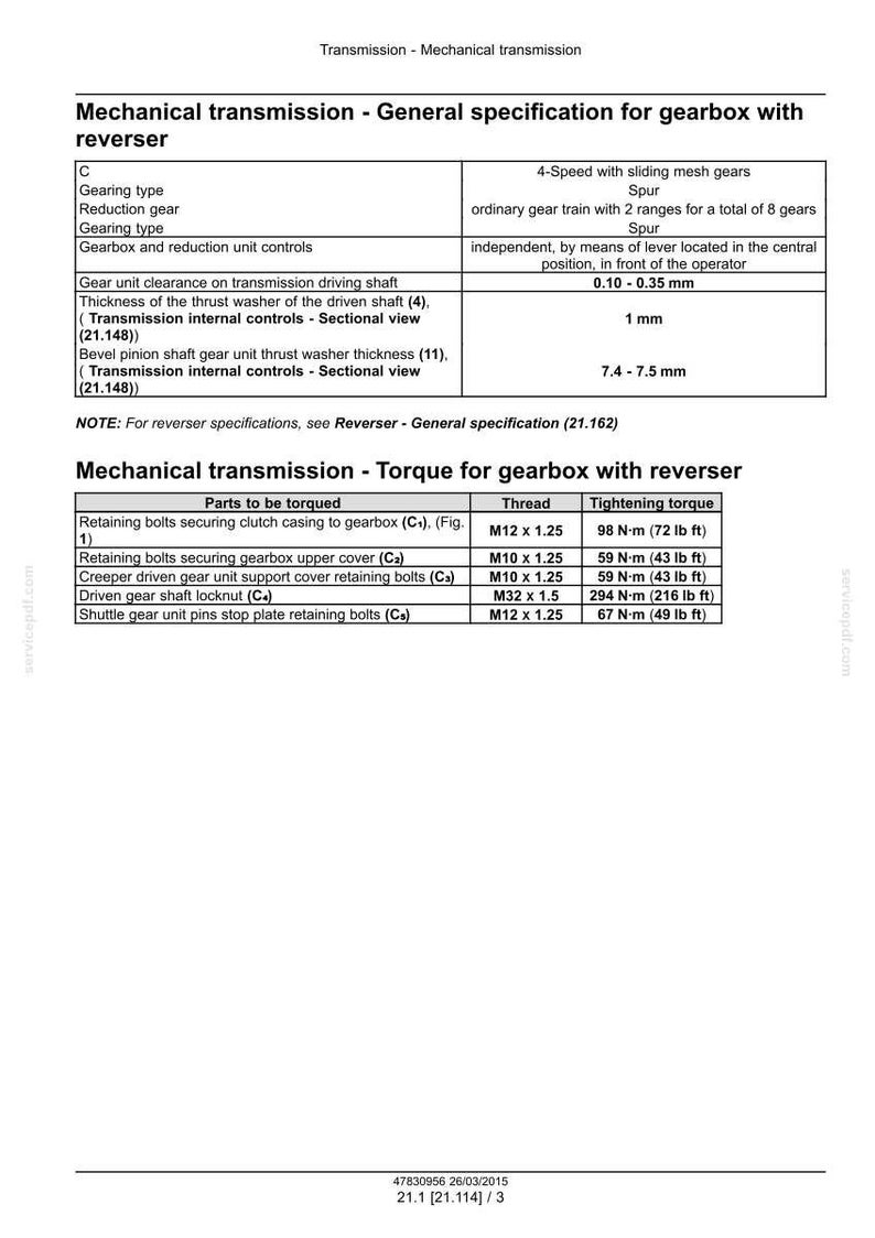 May include: A technical diagram detailing mechanical transmission specifications for a gearbox with a reverser. The document includes specifications for gearing type, gearbox controls, and torque values for various components, with measurements in cm and Nm.