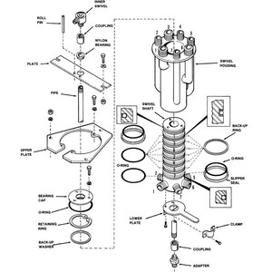 May include: An exploded view diagram of a center swivel assembly, labeled as Figure 2. The diagram shows various mechanical components, including plates, rings, bearings, and couplings, with labels indicating each part's name and function. The image is in black and white.