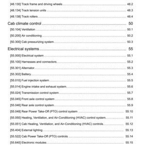 May include: A detailed page from a manual, featuring a table of contents with various mechanical system components. Sections include tracks, cab climate control, and electrical systems. The text is black on a white background.
