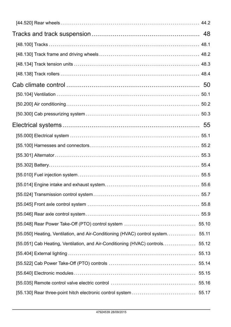 May include: A detailed page from a manual, featuring a table of contents with various mechanical system components. Sections include tracks, cab climate control, and electrical systems. The text is black on a white background.