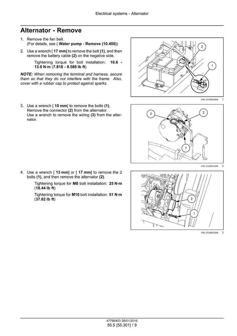 May include: Diagram illustrating alternator removal steps. Includes instructions for removing bolts, connectors, and wiring. Tightening torque specifications are provided in foot-pounds and Newton-meters. The image is a technical illustration.