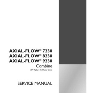 May include: A service manual for Axial-Flow 7230, 8230, and 9230 combines. The cover is white with black and gray accents. The text includes the model numbers, "Combine", and "Service Manual". The Case IH Agriculture logo is in the bottom right corner.
