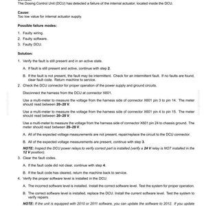 May include: Diagnostic document detailing fault codes for a 12-volt supply in a dosing module. Includes troubleshooting steps for faulty wiring, software, or DCU issues. Text includes voltage readings and software level verification.
